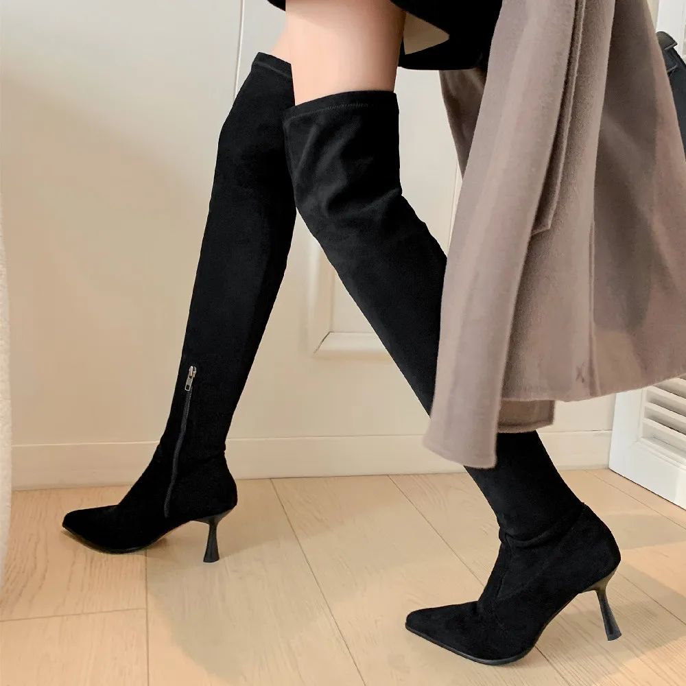 

Faux Suede Female Heels Autumn Zipper Elastic over the knee Boots for Women Tube elegant Thigh Gigh Boots Black Botas Mujer 2023