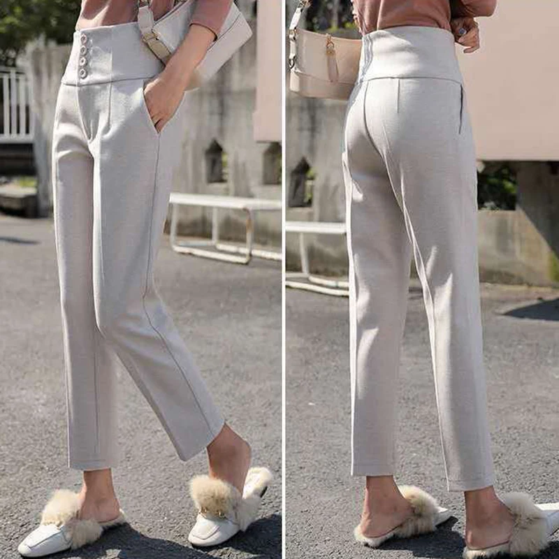 Autumn Winter Woolden Blend Suit Pants Women Korean Button High Waist Straight Pantalones Office Lady Stretch Casual Trousers