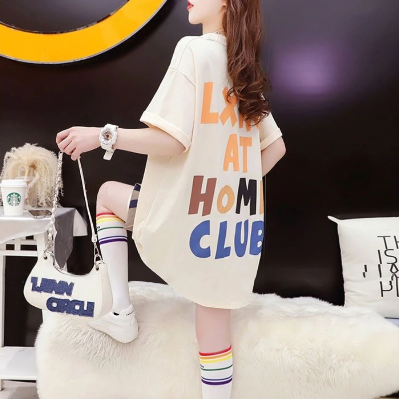 

DUOFAN Printed T-shirt for Women Summer Mid Length Ladies T Shirt Round Neck Tee Loose Pocket Design Short Sleeve Top