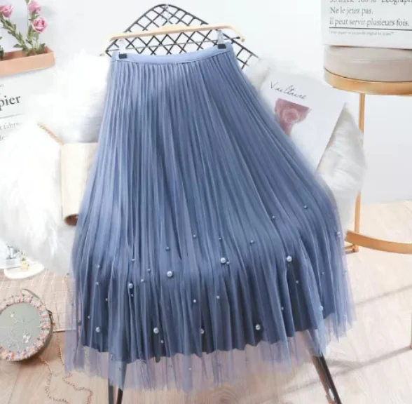 Spring and summer Pearls Mesh Skirt Women 2023 Summer High Waist Long Skirts Woman Solid Color A Line Pleated Skirts