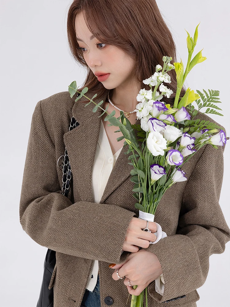 

Woman Spring Fashion Office Work Long Sleeve Blazer Korean Style Casual Blazer Grey Solid Colors Single Breasted Loose Suit