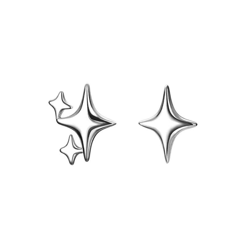 Silver Color Simple Four-pointed Star Stud Earrings Asymmetrical Star Earrings Women's Exquisite Jewelry stud earrings