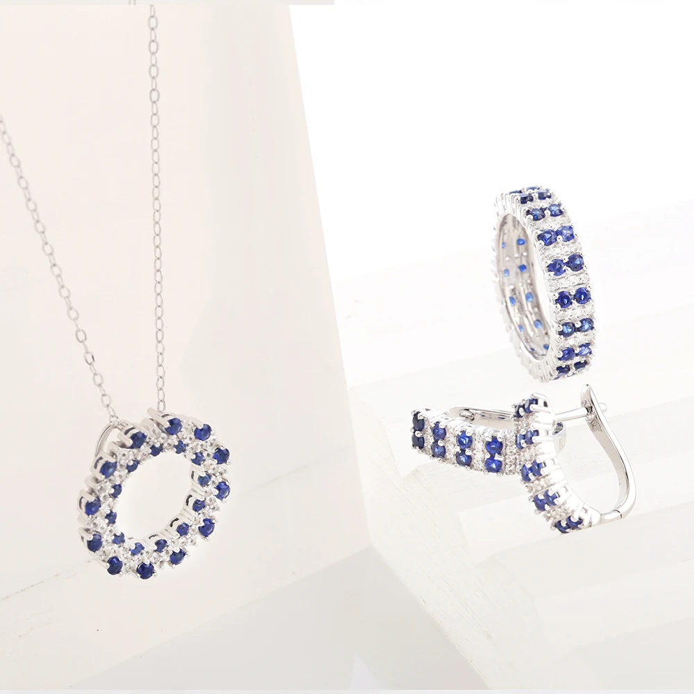 CHARMING Blue Sapphire Jewelry Set Lab Grown Gemstone 925 Sterling Silver for Women Stud Earring Necklace Ring Vintage Gift