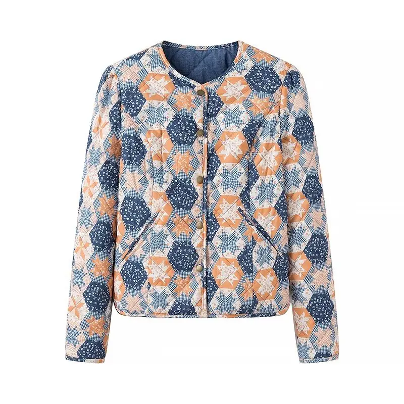 HH TRAF Abrigos de invierno nuevos de algodón para mujer, con bolsillos, estampado azul, mangas largas, botonadura sencilla, reversibles, abrigos cálidos para mujer