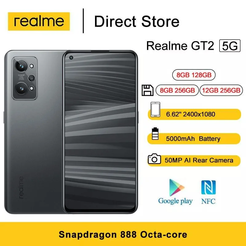 

Global Rom Realme GT2 5G Cell Phons 6.62" 120Hz AMOLED Snapdragon 888 NFC Smartphone 50MP Camera 5000mAh 65W Charge Smartphone