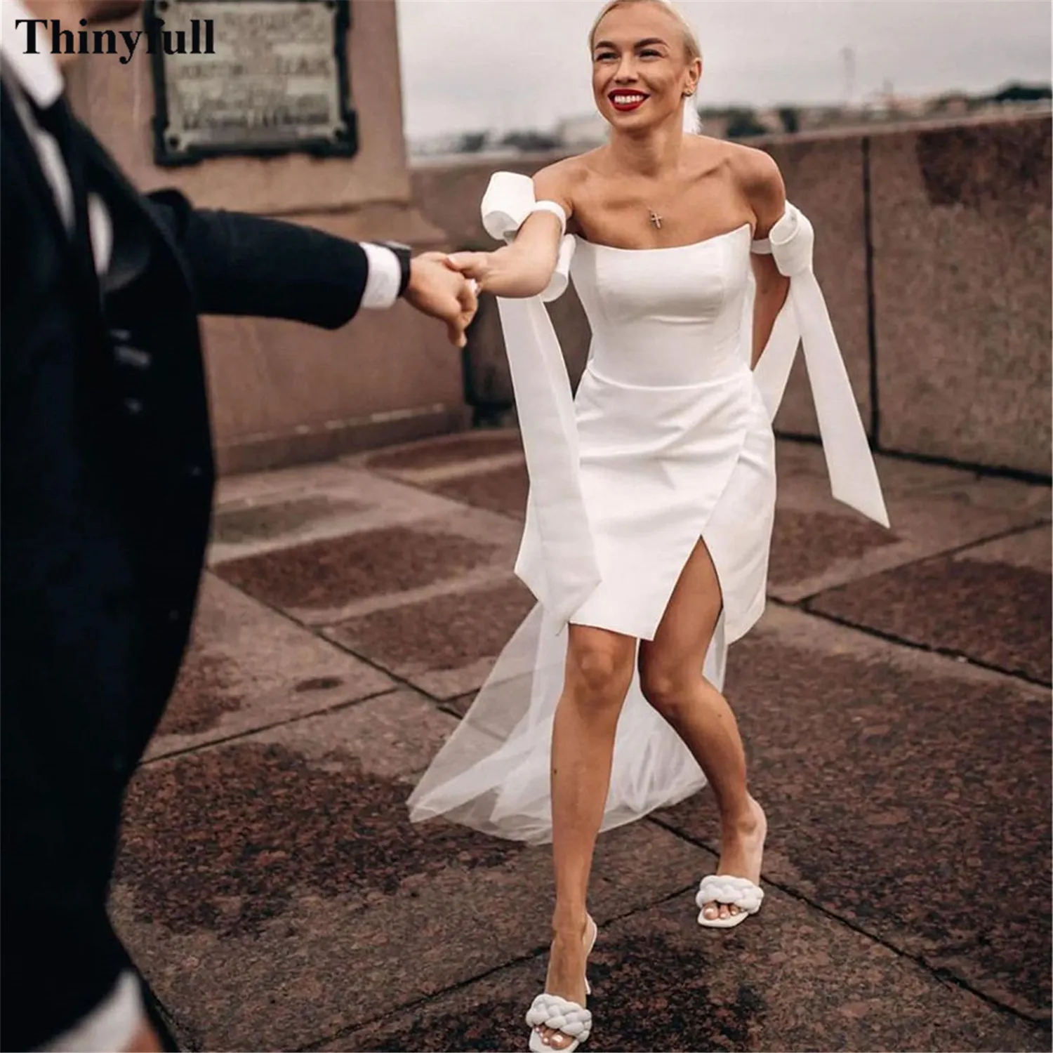 

Thinyfull Sheath Above Knee Mini Wedding Dresses Removable Bow Straps Women Bridal Gowns Formal Bride Wedding Party Gowns