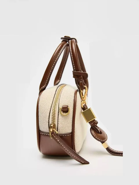 2025 New niche retro color-blocking hand-held small bag, stylish crossbody canvas PU small square bag, single-shoulder bowling b 4