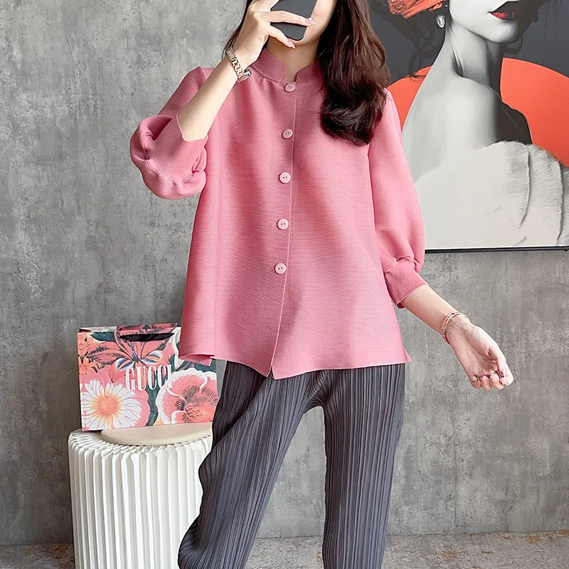 

COZOK Single Breasted Stand Collar Solid Color Top 2024 Spring New Women Lantern Sleeve Loose Elegant Blouse Female WT757
