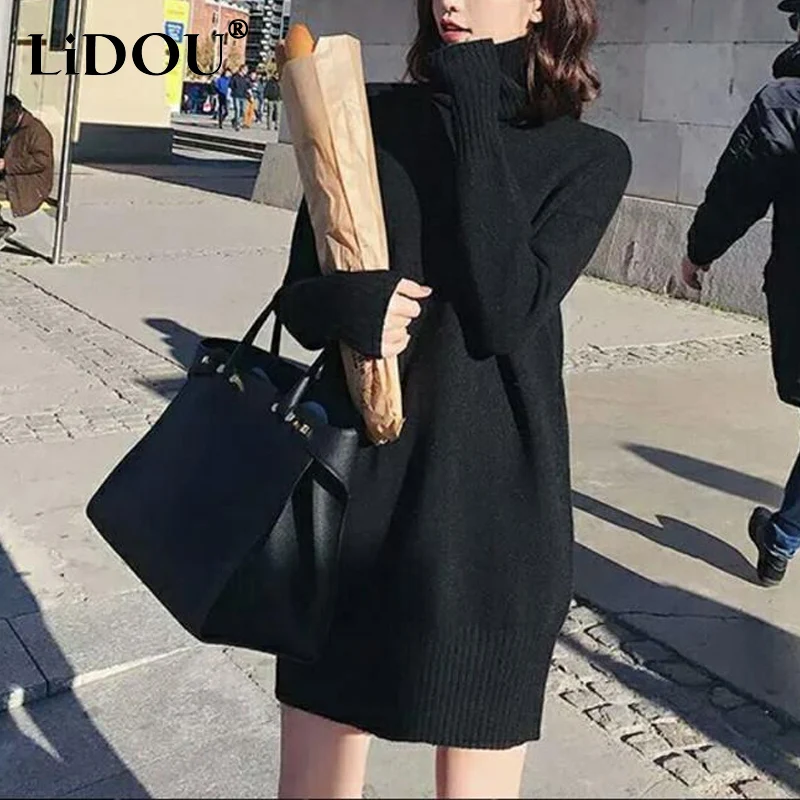 

Autumn Winter New Solid Color Fashion Long Sleeve Knitted Dress Women High Street Casual Loose Elegant Screw Thread Midi Dresses