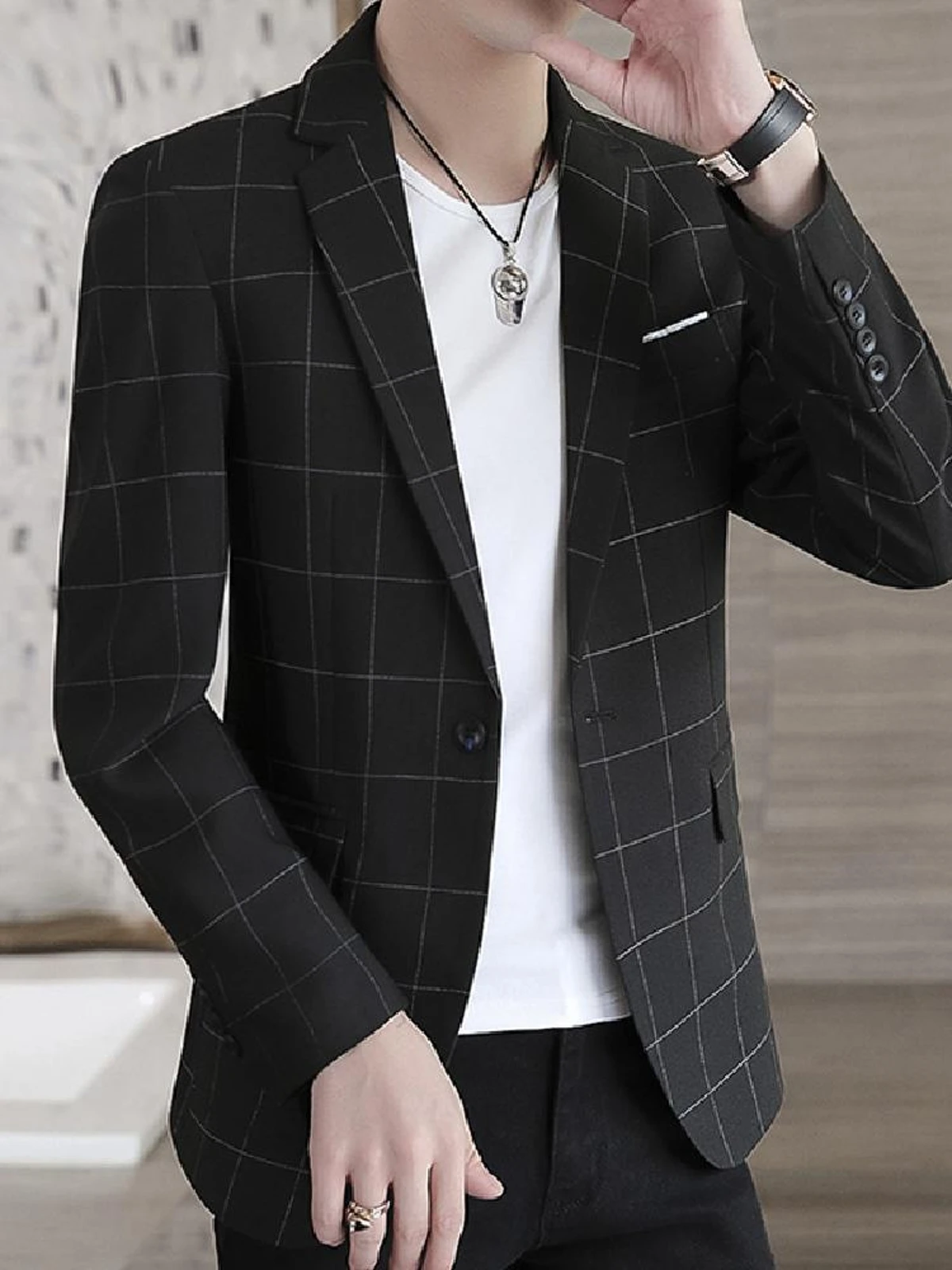 

Small suit, spring checkered slim fit, handsome casual single suit set, versatile for spring and autumn 3304