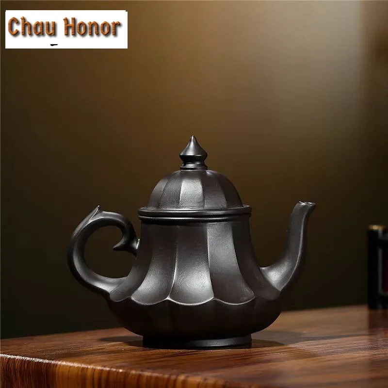 190ml Yixing Purple Clay Pot Famous Hand-made Ribbed Palace Lantern Teapot Raw Ore Black Mud Household Tea Set Customized Gifts