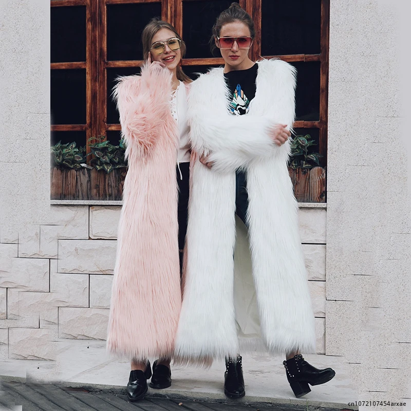 

Women's Autumn Winter Fur Coats Long-sleeved Collar-free Faux Fox Fur Female Slim Loose Coat Furry Warm Jacket Plus Size 4XL