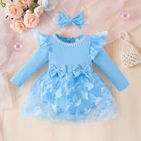 0-18M Baby Dress With Headband Long Sleeve Blue Flower Dress Infant Party Dresses Bow Floral Mesh for Newborn Birthday Party 1