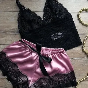 여성 레이스 섹시 파자마 나이트 의류 블랙 핑크 L XL XXL V 넥 로우 컷 레이스 탑 및 아이스 실크 반바지