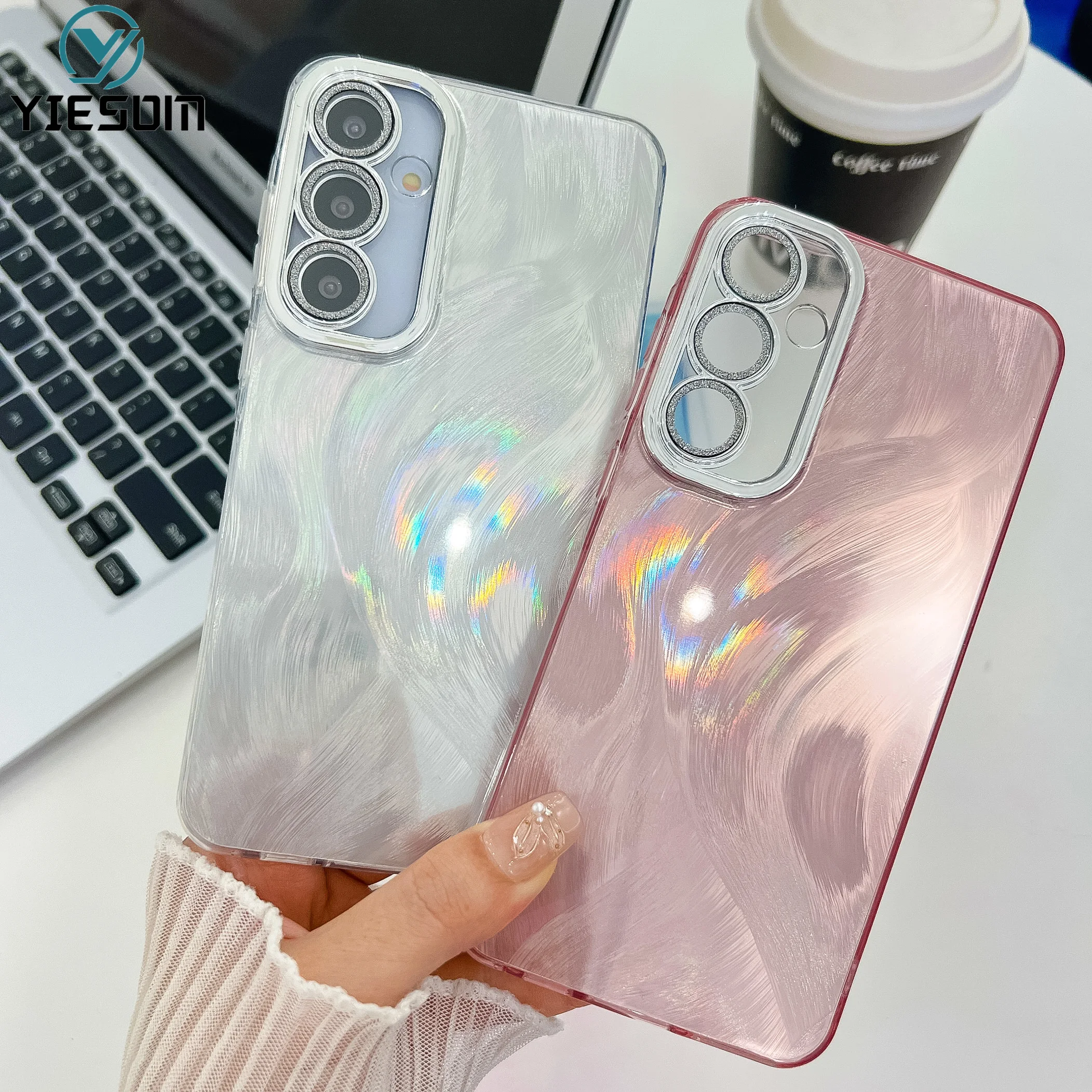 Luxury Laser Feather Gradient Rainbow Phone Case with Lens Film