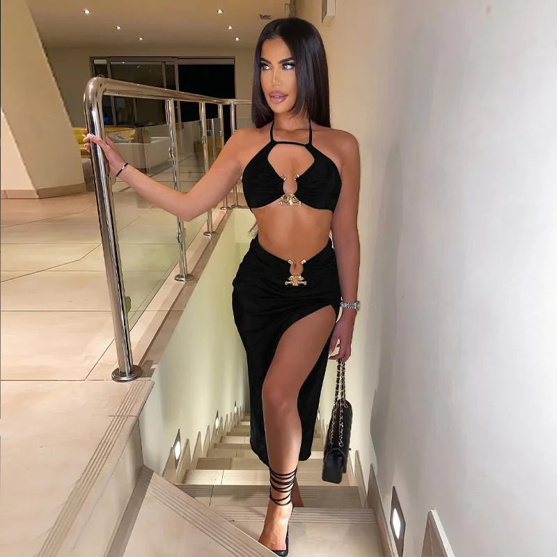 

Sexy Summer Skirt Two Piece Set Strapless Shirt + Long Split Out Dress Solid Color Party Night Clubwear Dresses For Women Outfit