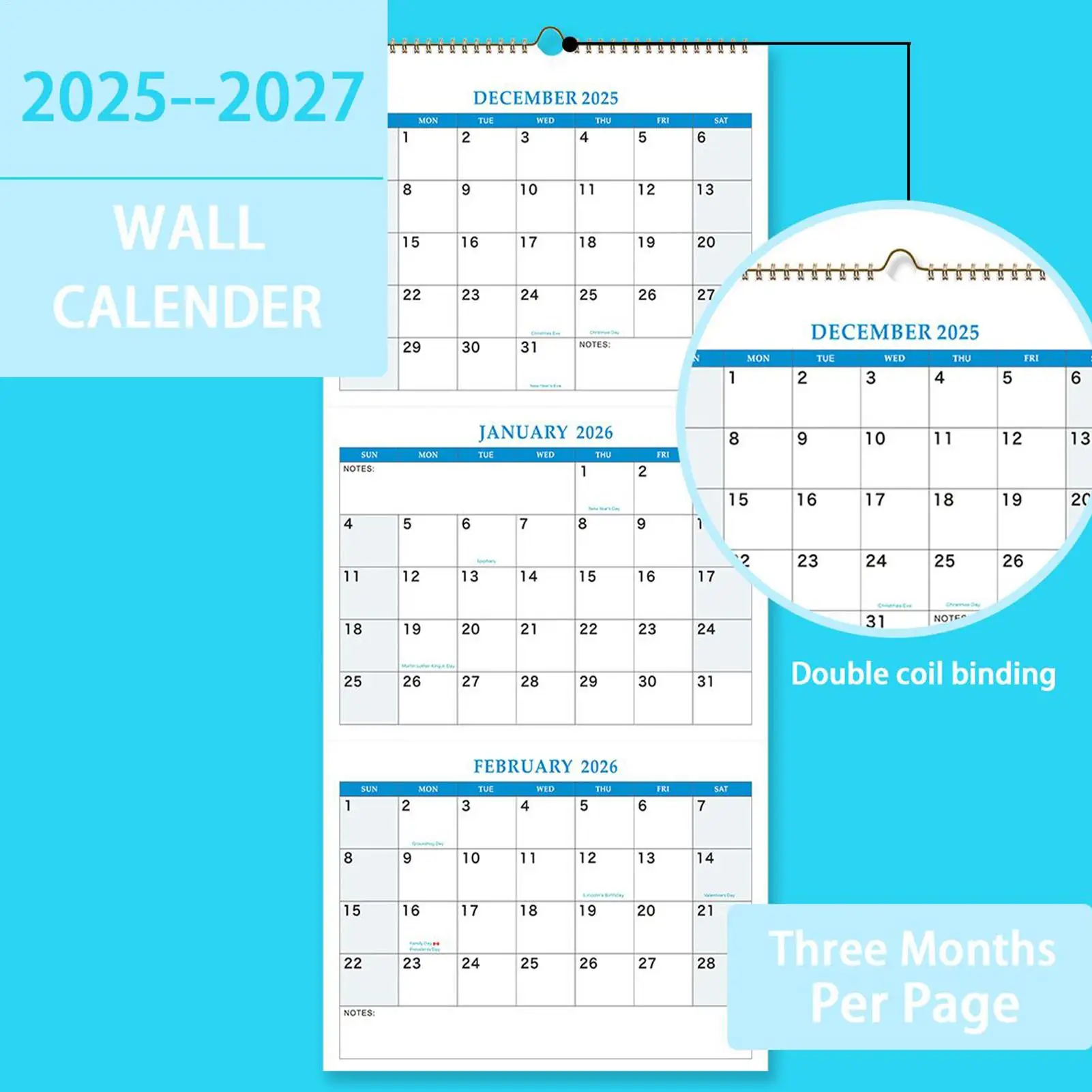 Large 2026 Wall Calendar with 3-Month View for Home and Office Organization