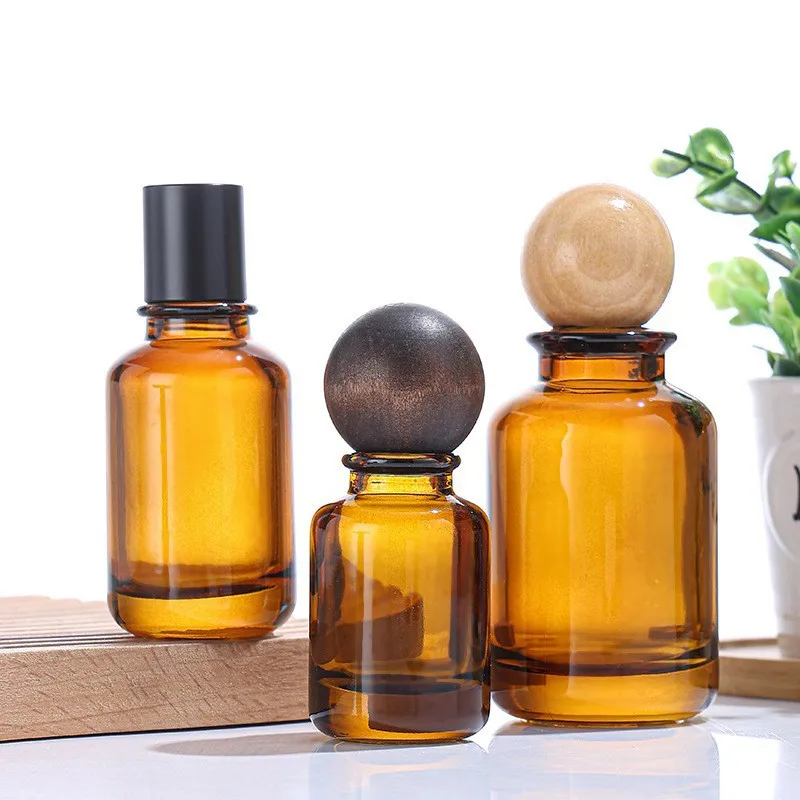 10pcs 30ml 50ml 100ml Brown Glass Perfume Spray Bottles with Wooden Cap | Empty Atomize... - SKU GPSB2054 - UGI Packaging