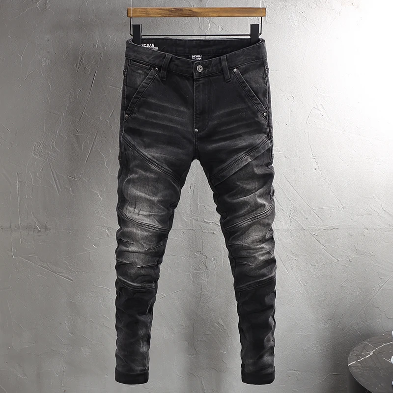 

Street Fashion Men Jeans Retro Black Gray Stretch Slim Fit Ripped Jeans Men Spliced Designer Hip Hop Denim Biker Pants Hombre