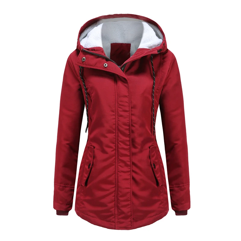 Autumn New Women Coat Warm Solid Plush Long Jacket Outdoor Hooded Casual Windproof Parka Coat Female Overcoat
