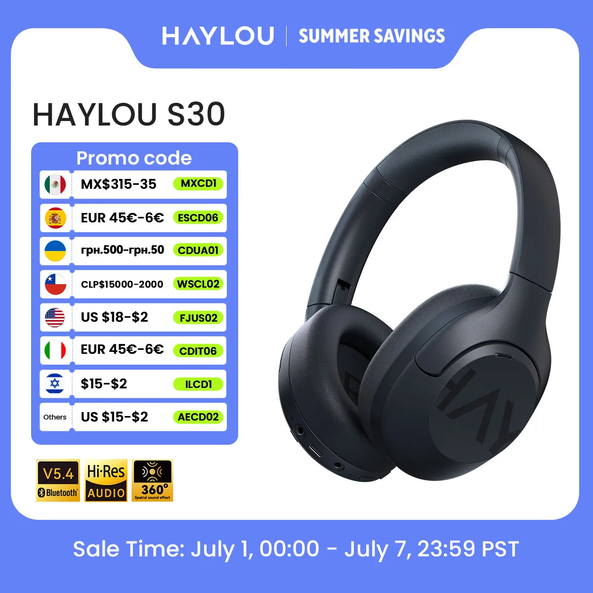 HAYLOU S30 Auriculares Inalámbricos Bluetooth 5.4 43dB Auriculares Adaptativos con Cancelación de Ruido 40mm Driver 80H Playtime