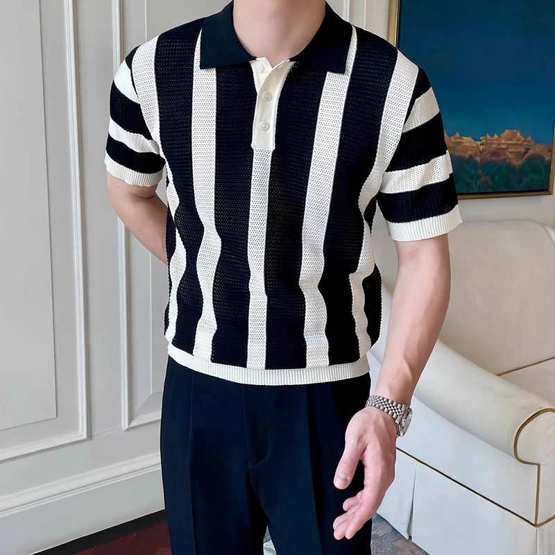 Contrast Color Striped Mens Polo Shirts Trendy Button Turn-down Collar Knit Tops Men Spring Summer Daily Casual Breathable Polos 22 S8dd11b8adcb5422fb5251edeb8aea534j