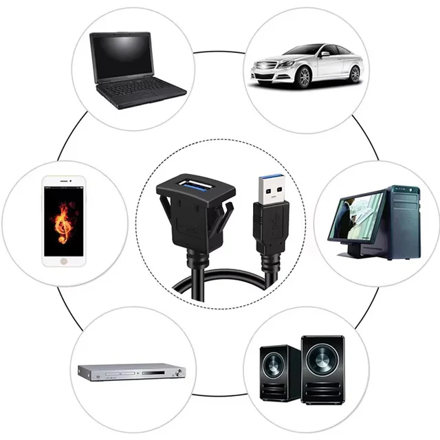 Cable de extensión de montaje en Panel empotrado USB 3,0 macho a hembra AUX para salpicadero de coche, camión, barco, motocicleta, cable impermeable de 1M 5