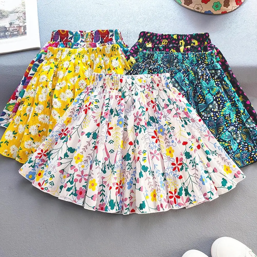 Kids Girls Pleated Skirts Princess Korean Girls Cotton Printed Large Hem Skirt Kids Floral Fluffy Party Skirt Children Clothes
