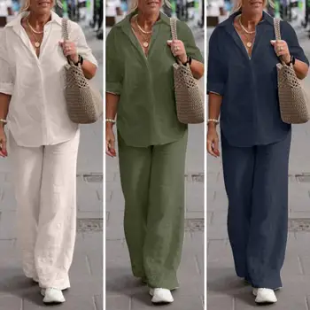 1 Set Trendy Women Summer Suit Two-piece Set Plus Size Casual Outfit Linen Top Long Pants Women Summer Suit