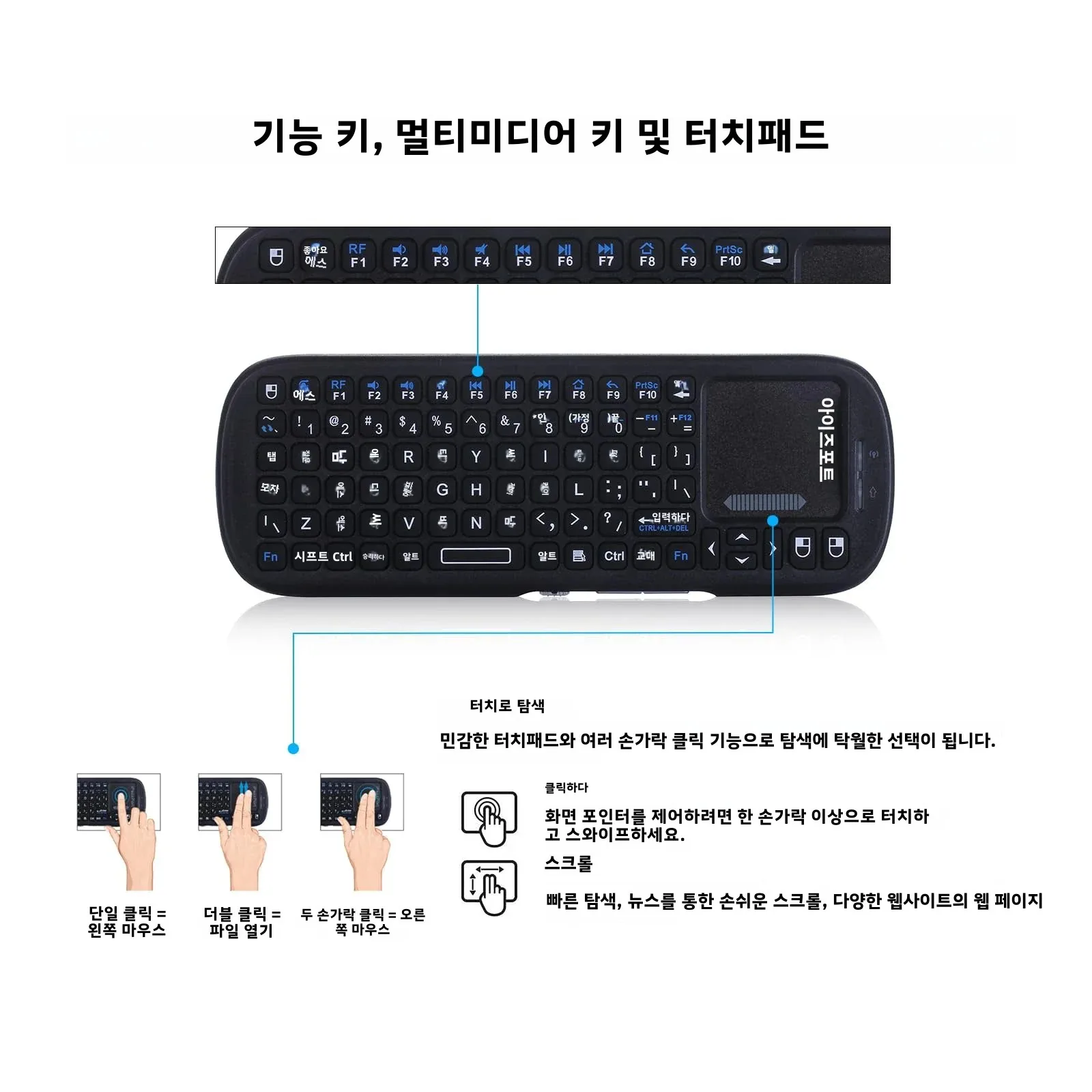 안드로이드 TV 박스/PC/태블릿/PS4/Raspberry Pi 3/HTPC용 터치패드 MouseCombo가 포함된 iPazzPort 미니 블루투스 및 2.4GHz 무선 키보드