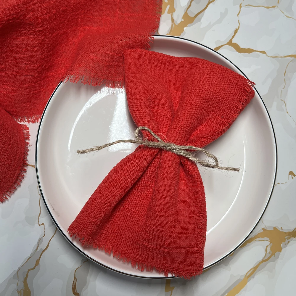 10pcs 32x32cm Wholesale Christmas Red Gauze Cotton Cloth Napkins Reusable Tea Towel Wedding Party Table Decor Retro Burrs napkin 3