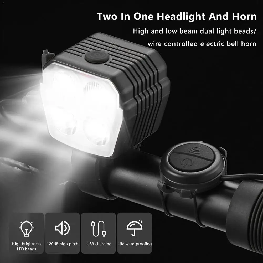 2 In 1 Bicycle Headlight 4LED 120dB USB Charge Bicycle Horn Light Headlight For Outdoor Mountain Bike Accessories bicycle accessories bicycle horn bicycle flashlight