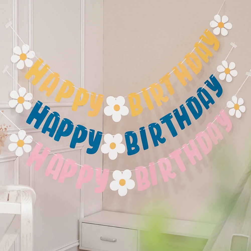 

INS Kids Birthday Party Non Woven Sunflower Garland White Daisy Banner Pink Flower Flag 1pc
