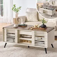 48" Lift Top Coffee Table with Slatted Sliding Door, Mid Century Modern Center Table with Hidden Storage Compartment 1