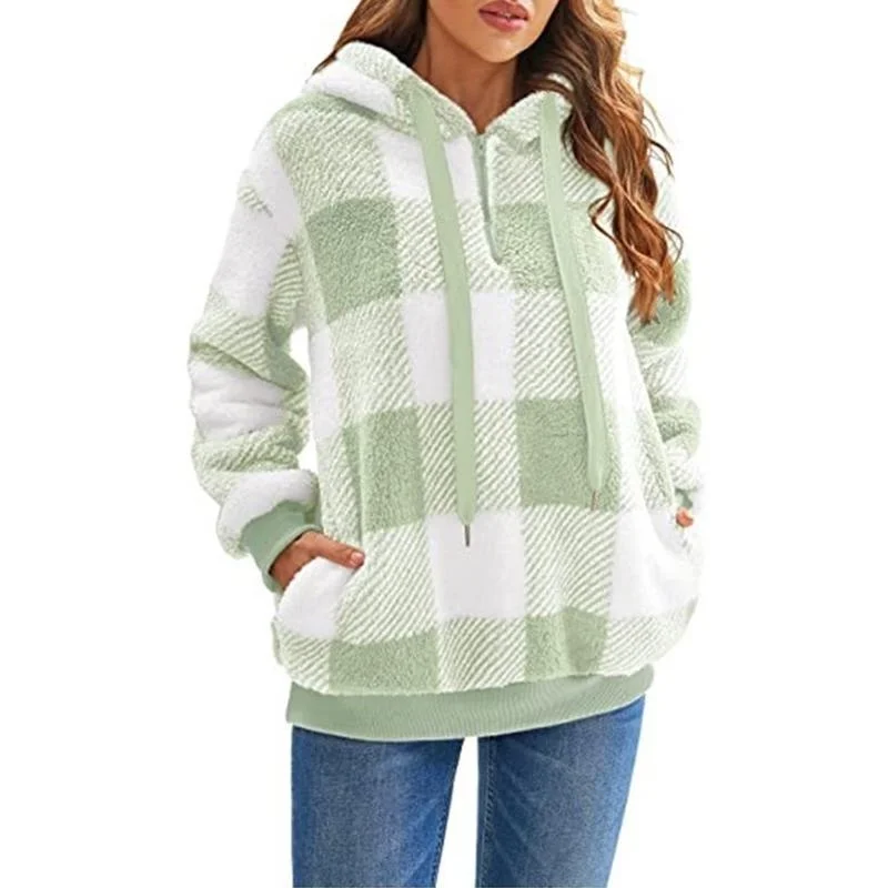 Women's plaid pullover hoodie plush thickened hoodie casual long sleeved drawstring loose sports belt pocket hoodie jacket