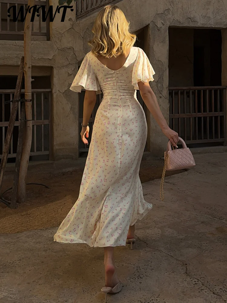 Floral Print 2026 Summer Lady Sexy V-neck Ruffles Short Flare Sleeve Split Midi Dresses Women's Slim High Waisted Party Vestidos 3