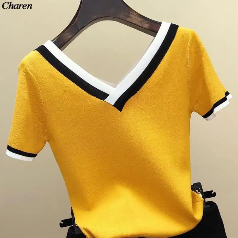 

Summer V-Neck T Shirt Women Tshirt Contrast Color Striped Knitted Top T-Shirt Woman Clothes Tee Shirt Femme