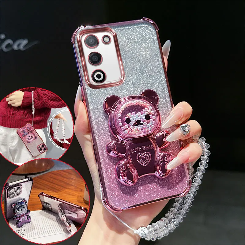 Shockproof Phone Case with 3D Bear Stand & Glitter Chain Lanyard