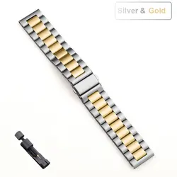 Stainless Steel Adjustable Watch Band Bracelet, available in 18mm, 20mm, 22mm sizes - 20mm Strap (Silver with Gold)