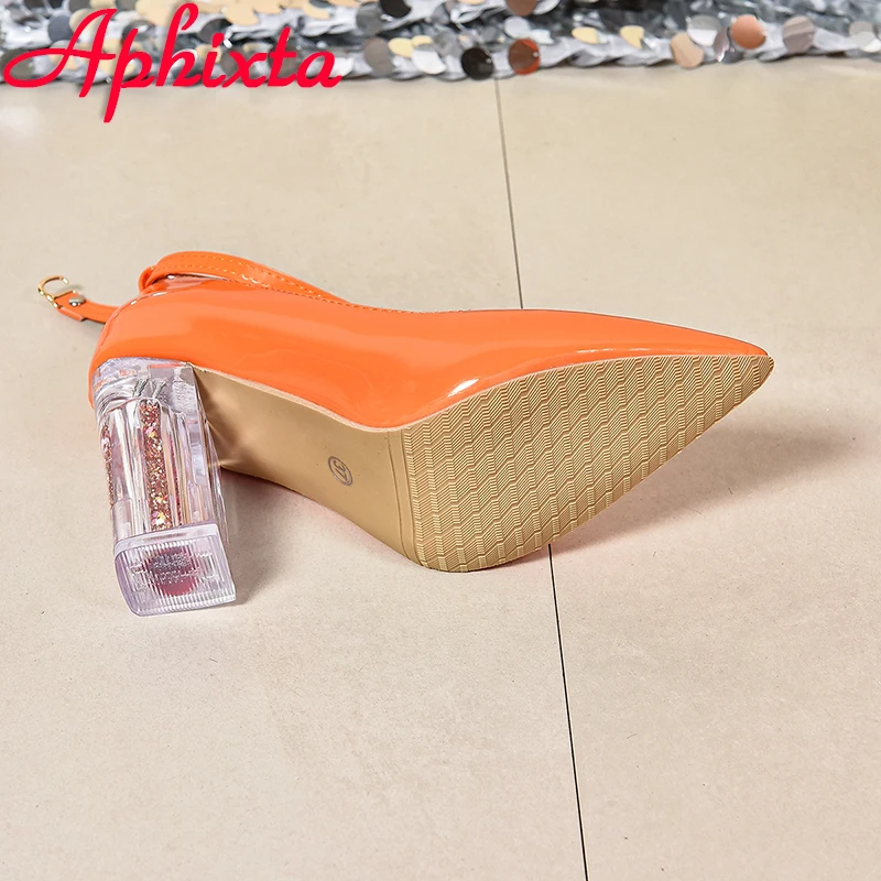 Aphixta 여성용 투명 청키 힐 펌프스, 오렌지 핌프 버클 발목 스트랩 신발, 레저 특허 가죽 플러스 사이즈 50, 3.94 인치