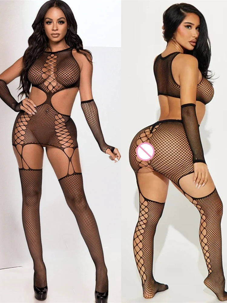 One Pieces Crotchless Bodysuit Sexy Open Bra Lingerie Women Fishnet Transparent Bodystocking For Sex Body Suits Erotic Costumes