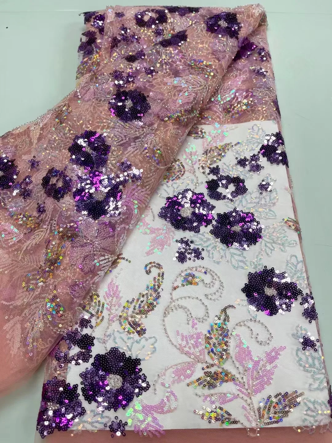 

MuitColour French Heavy Handmade Sequins Net Lace Fabric African High Quality Tulle Beads Lace Fabric For Wedding Bridal Dresses