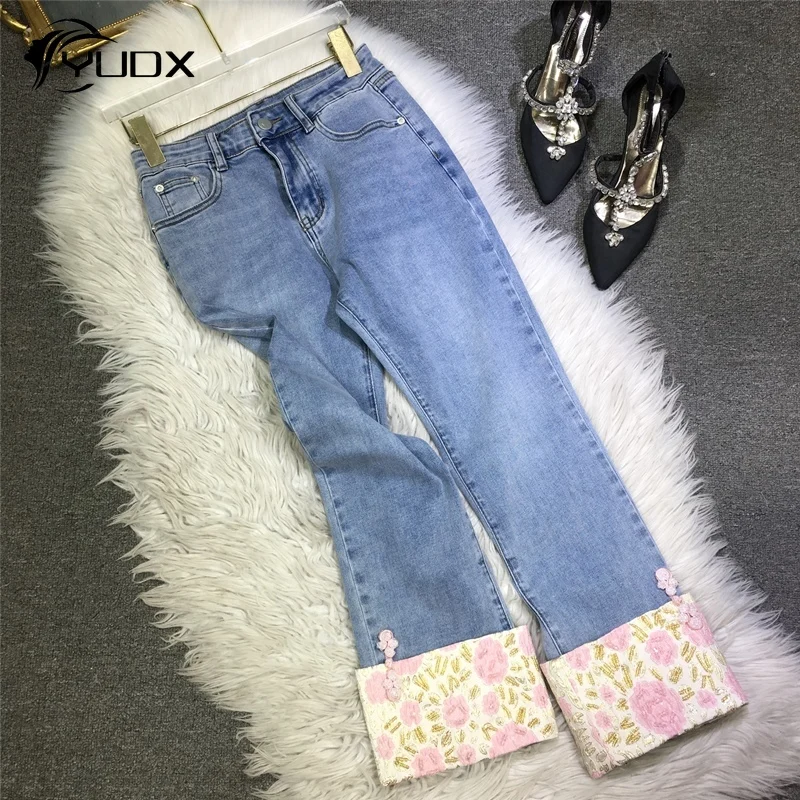 

YUDX Splicing Leg Beading Women Denim Pants 2024 New Spring Summer All-match Straight Jeans Casual Ankle-length Blue Jeans