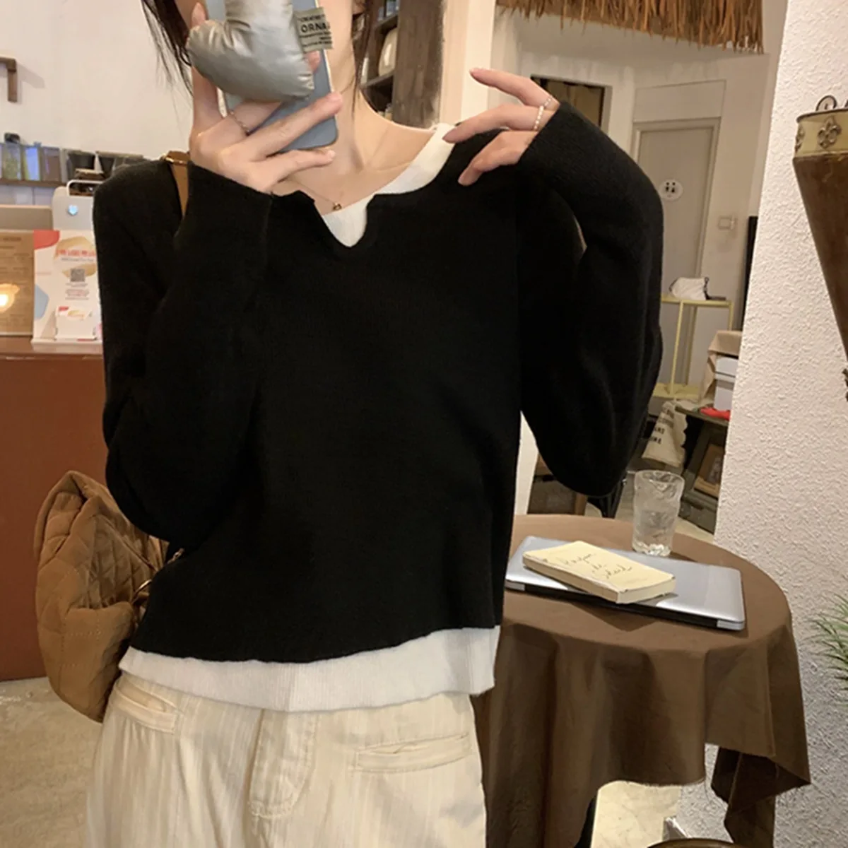 Women Deep V Neck Knitted Sweater Tops Long Sleeve Pullover