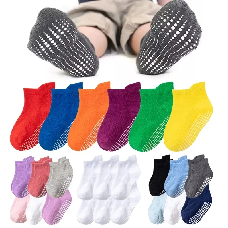 

6 Pairs/lot 0 to 6 Yrs Cotton Children's Anti-slip Boat Socks For Boys Girl Low Cut Floor Kid Sock With Rubber Grips Four Season