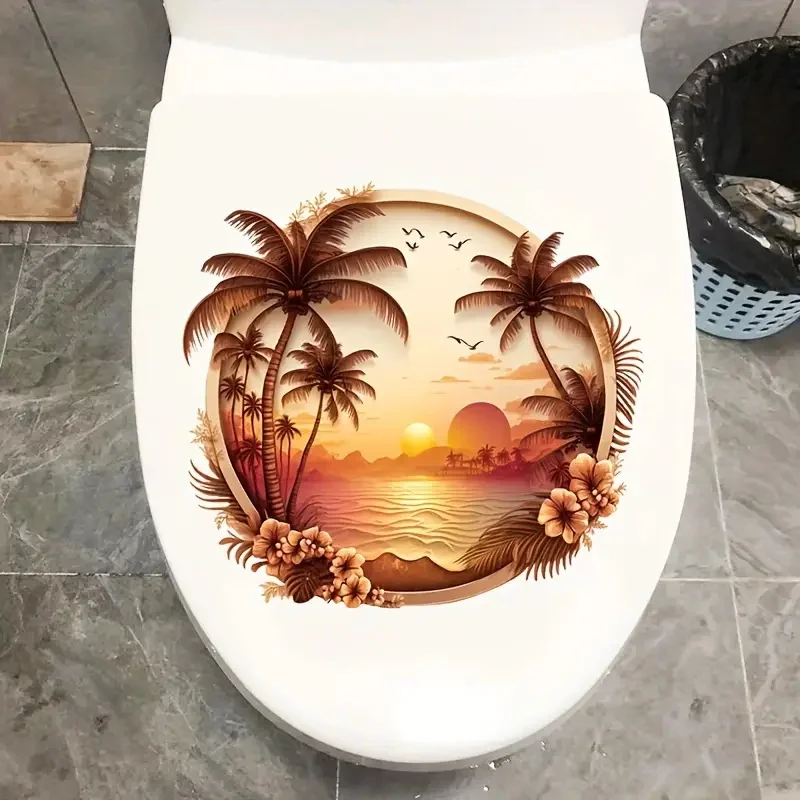 Tropical Sunset Beach Scene PVC Toilet Lid Decal-Self-Adhesive Waterproof Bathroom Decoration Sticker