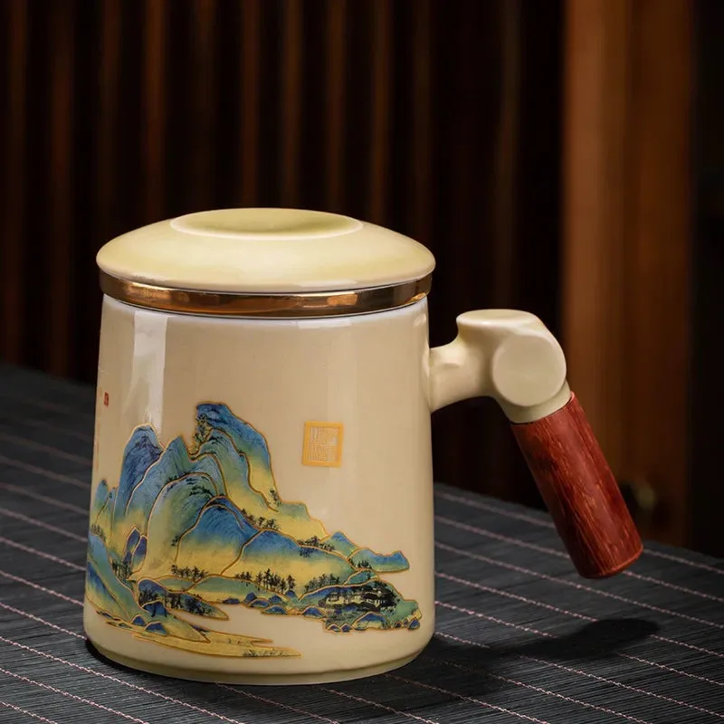 Ceramic Tea Cup with Lid Fish Leaping, Dragon Gate Mug, Personalized Filter, Tea Cup, Tea Separation, Flower Tea Cup, Office Cup