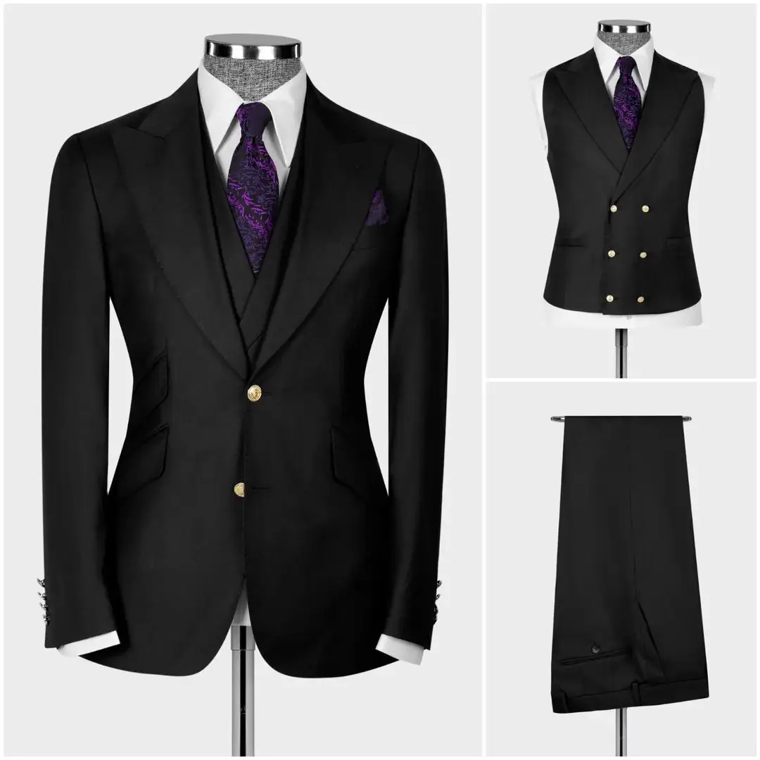 Dark Blue Men's Suit Coat Pants Vest 3Pcs Set Man Suits Slim Fit Outfit Blazer Trousers Wedding Clothing New Year Business Wear