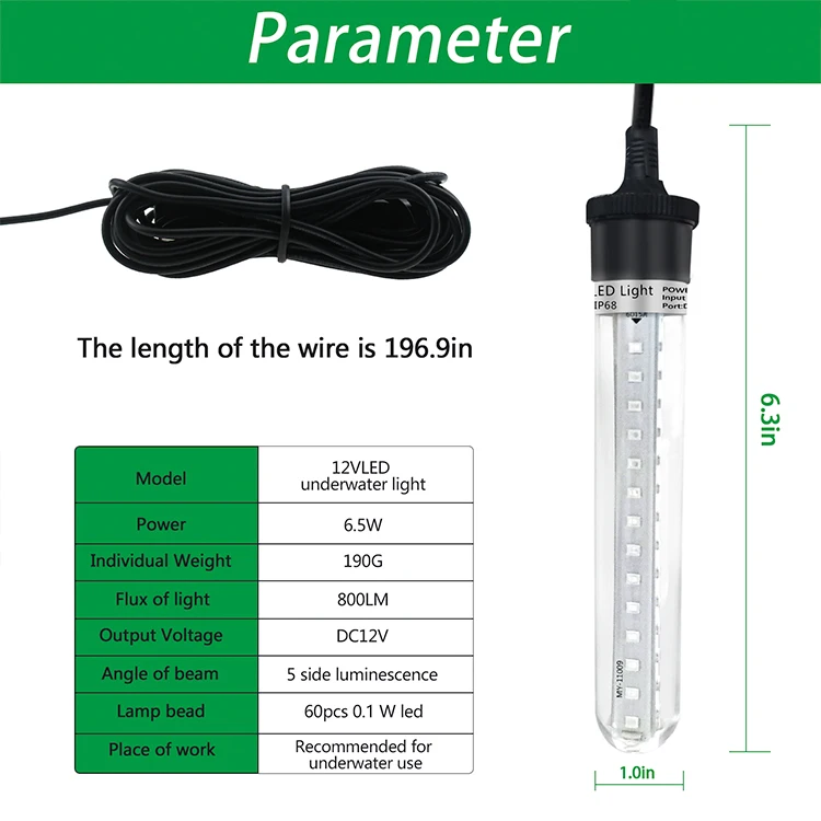 Fishing Light Underwater night fishing light 5V-12V 6.5W spearfishing light green IP68 boats waterproof 5M corded lamp for ice fishing