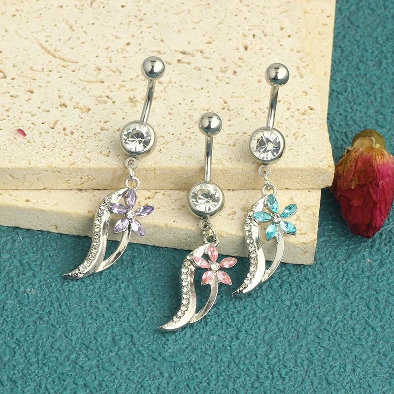 3 color mix Belly Button Rings Stainless Steel Butterfly Wing Flower Zircon Dangle for Women Belly Navel Rings Body Belly